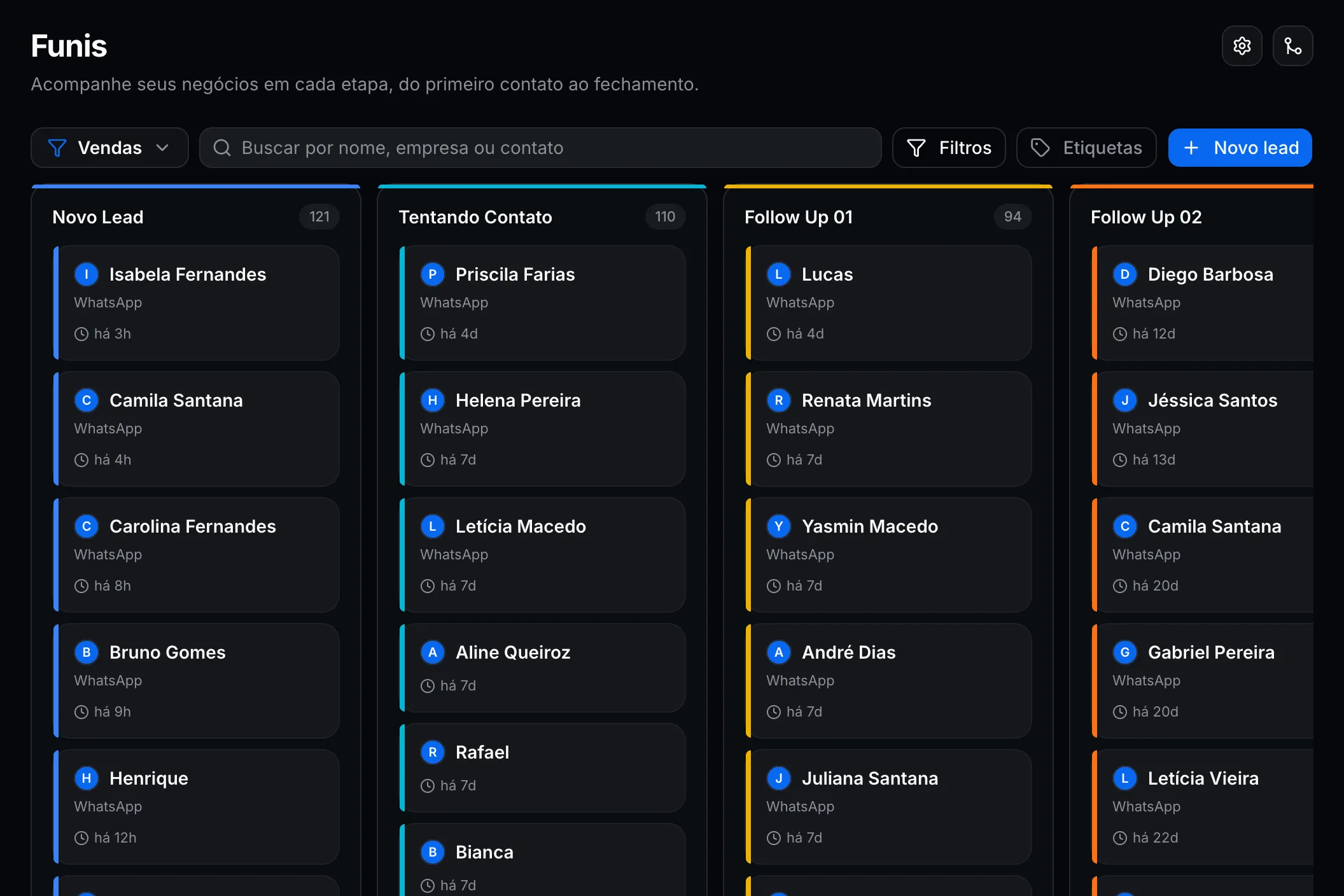 Funil de vendas em kanban com as etapas Novo Lead, Tentando Contato e Follow Up